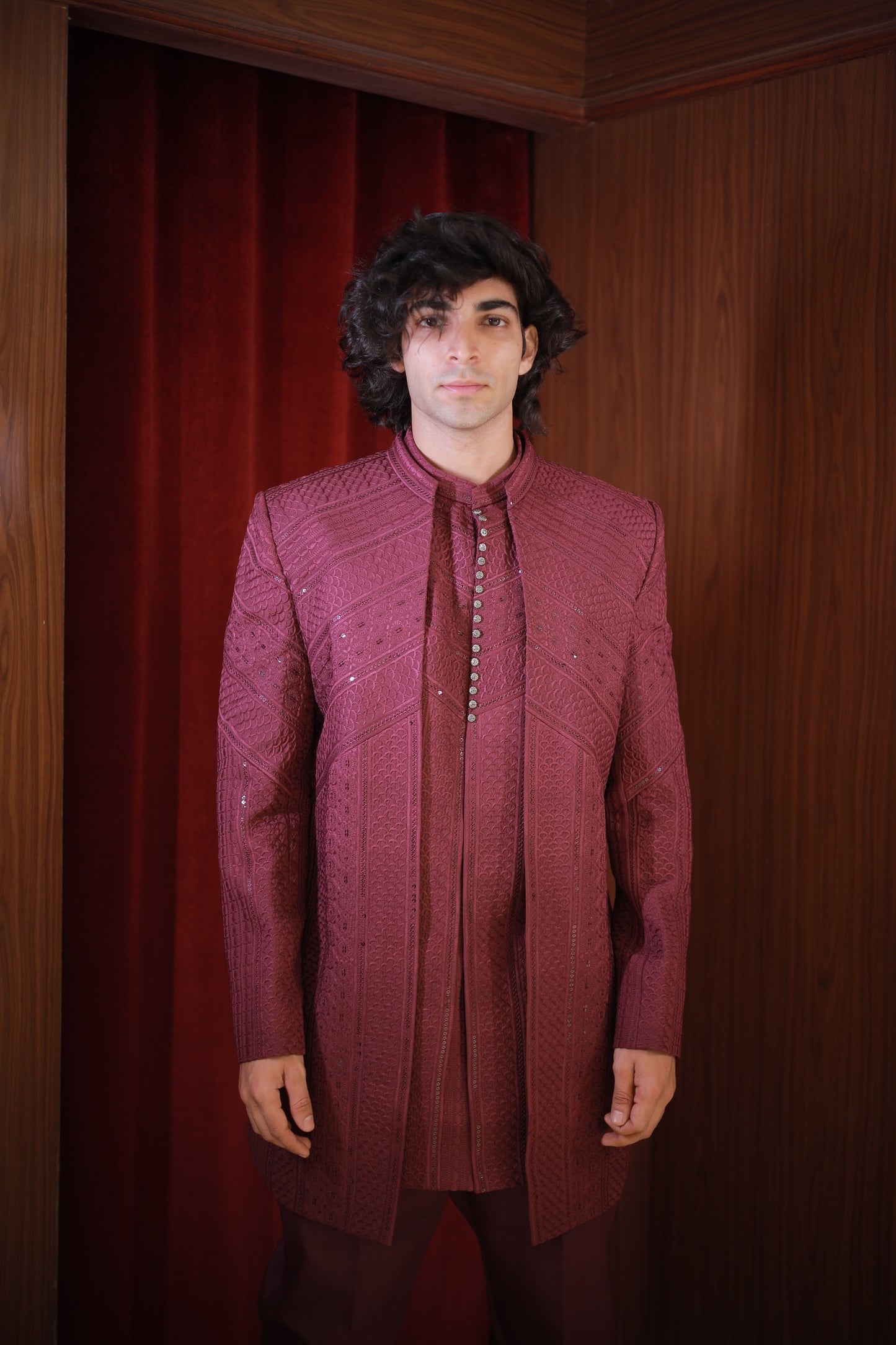 WINE EMBROIDERED BANDHGALA SET