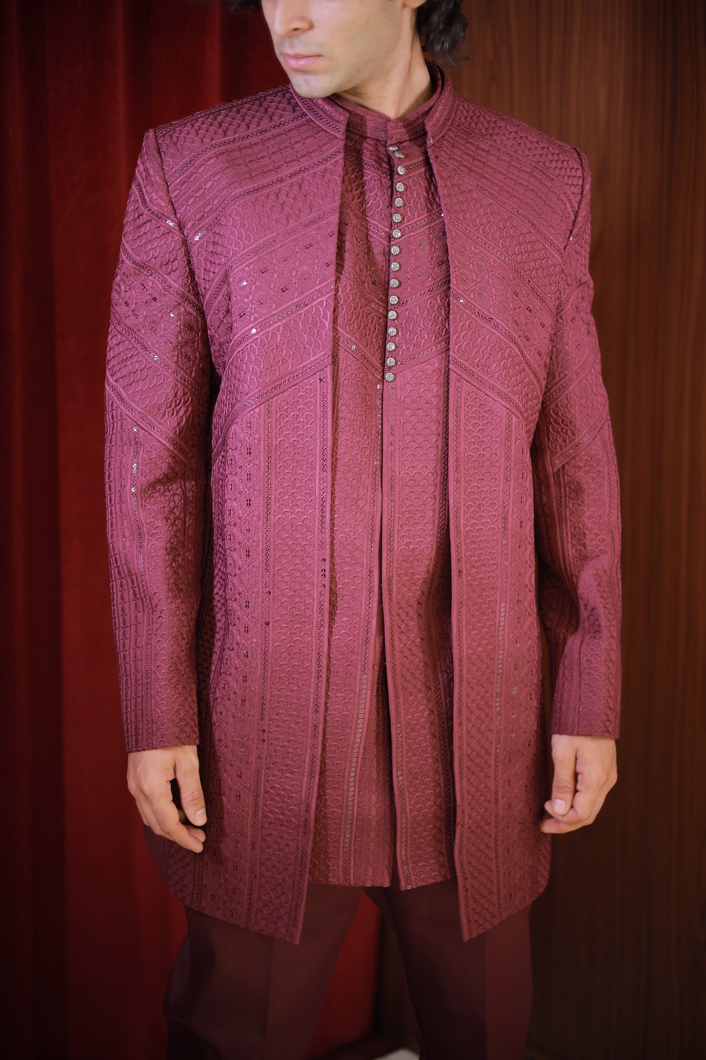WINE EMBROIDERED BANDHGALA SET
