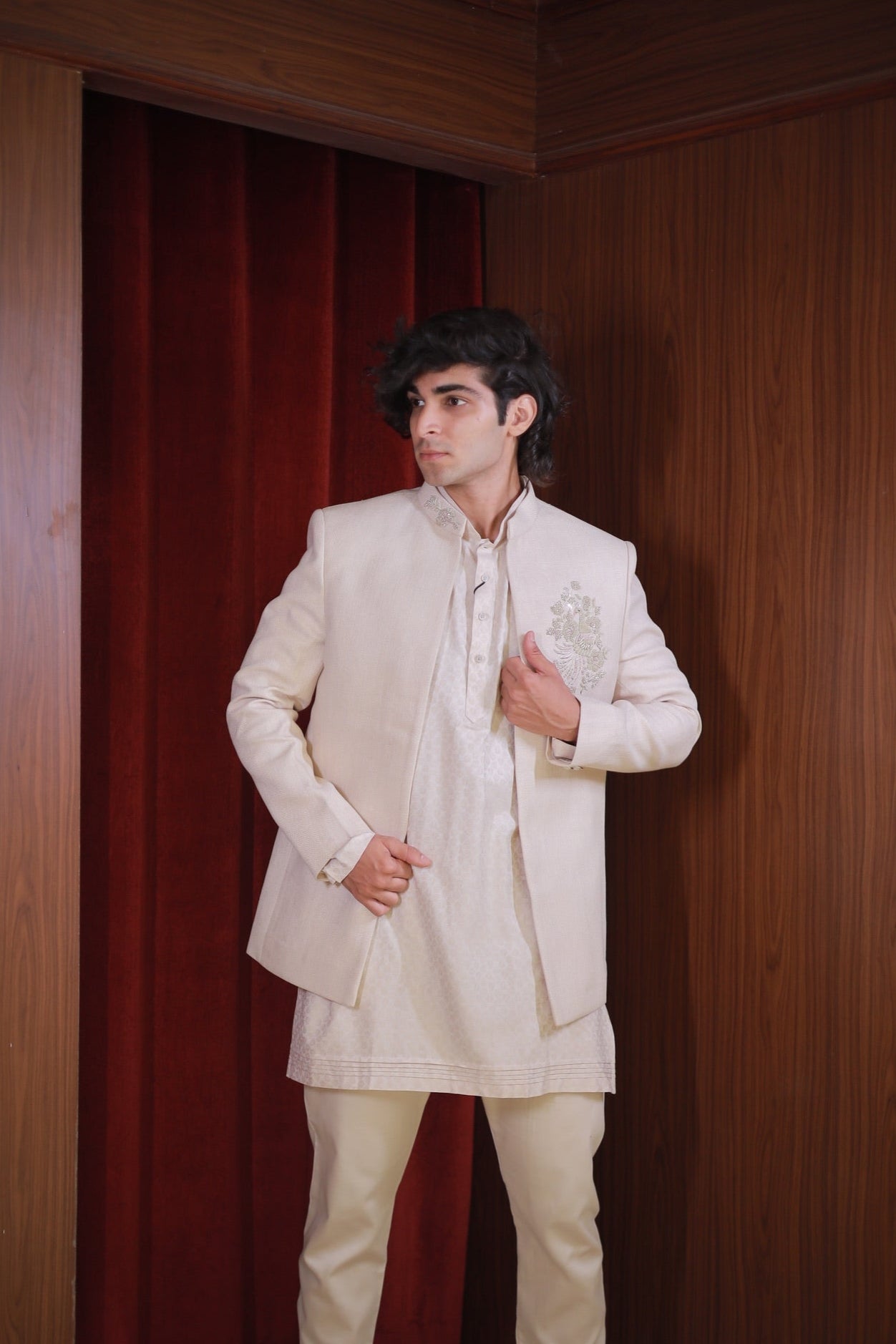 BEIGE HERRINGBONE BANDHGALA SET
