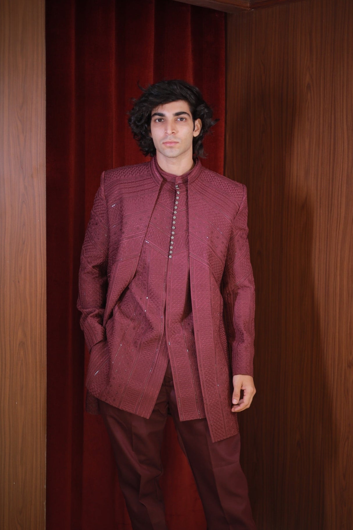 WINE EMBROIDERED BANDHGALA SET