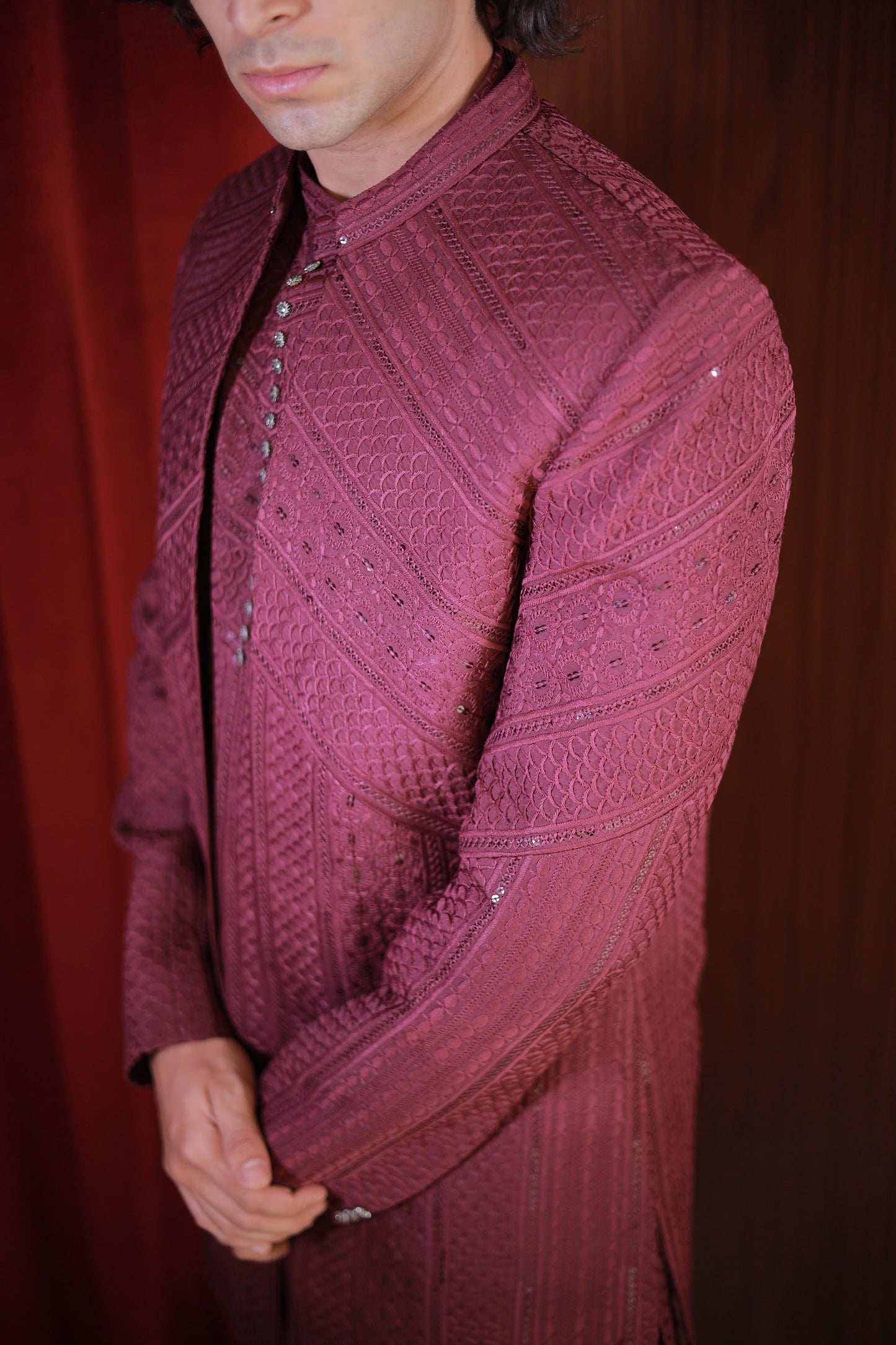 WINE EMBROIDERED BANDHGALA SET