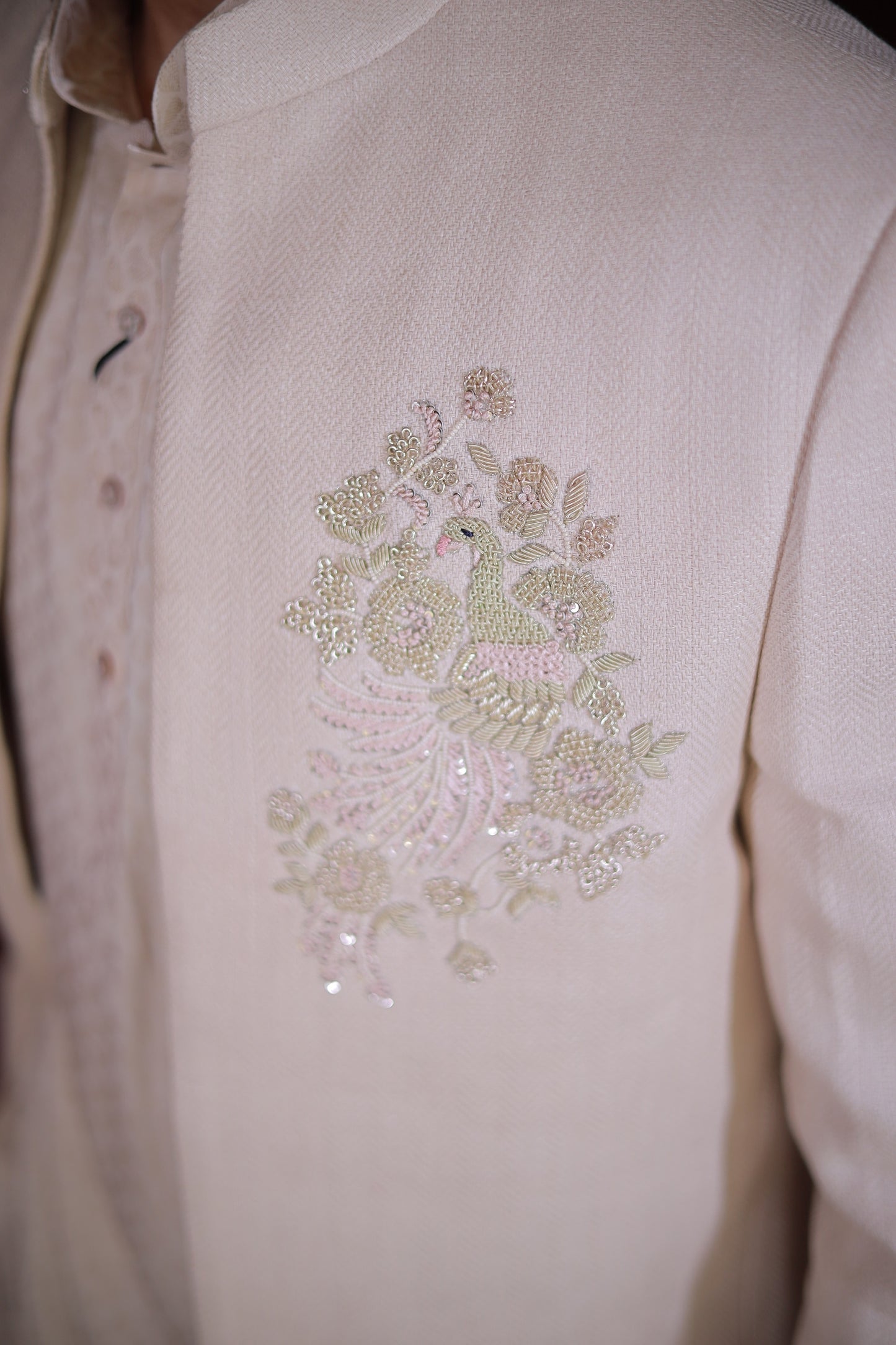 BEIGE HERRINGBONE BANDHGALA SET