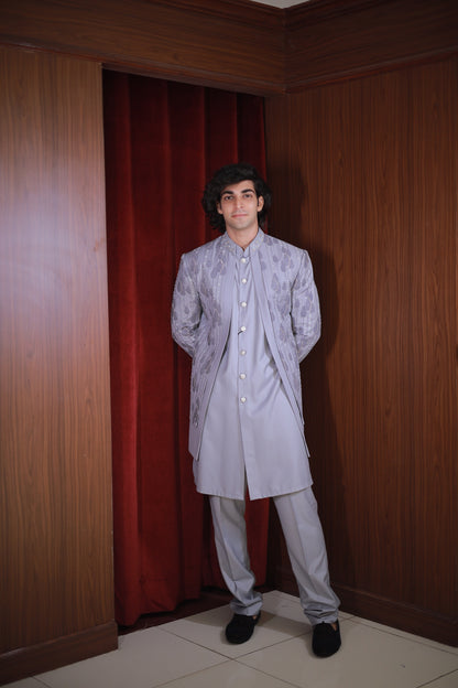 GREY EMBROIDERED BANDHGALA SET
