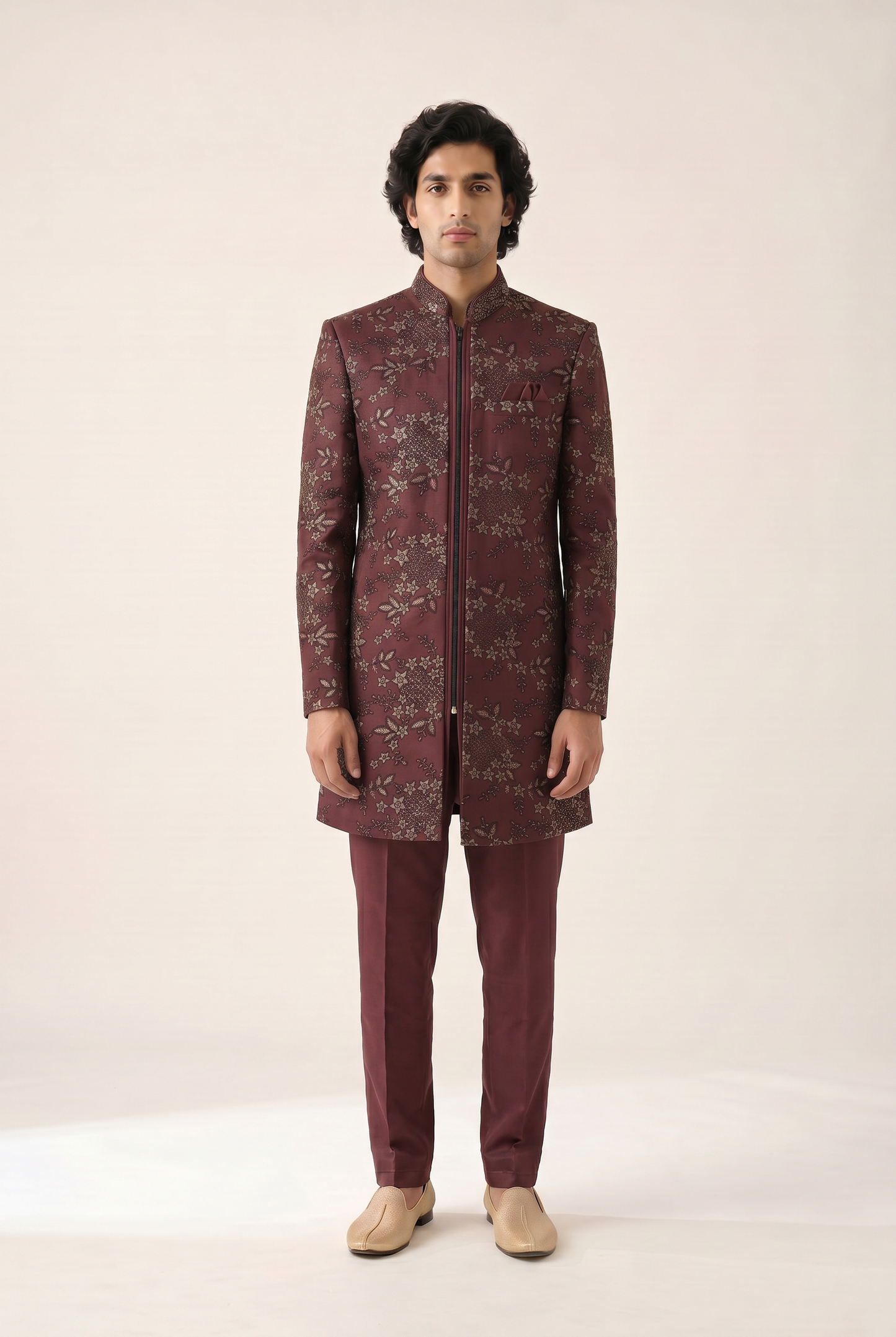 BURGUNDY TWILL EMBROIDERED INDO WESTERN SET