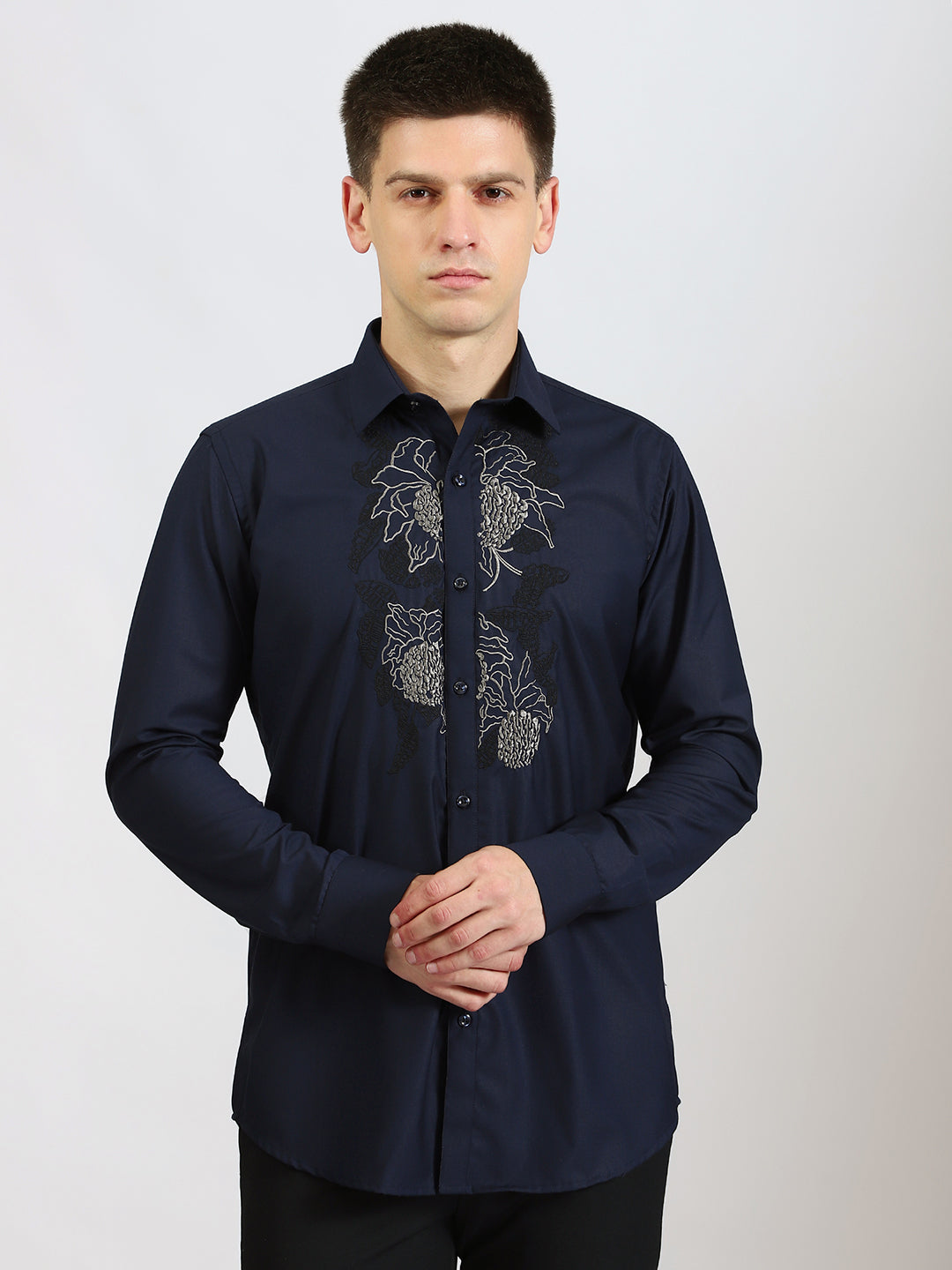 Embroidered Floral Pattern Navy Shirt