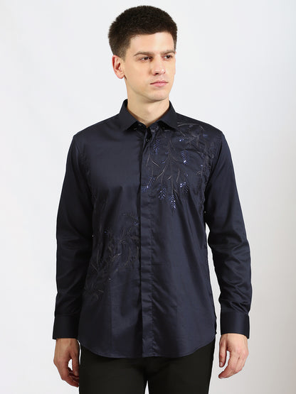 Leaf Embroidered Navy Shirt