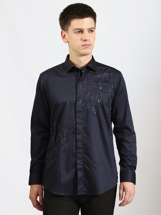 Leaf Embroidered Navy Shirt
