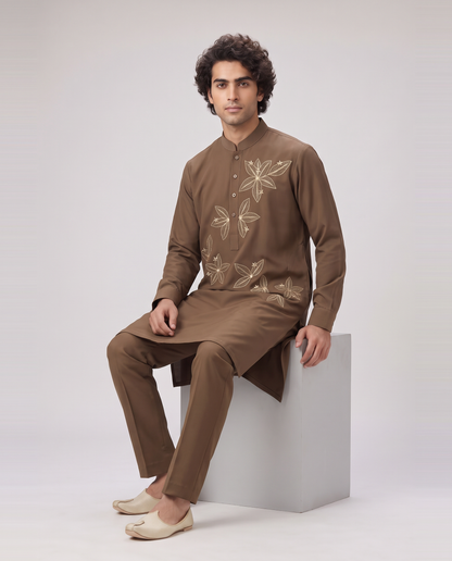 LIGHT BROWN FLORAL EMBELLISHED KURTA SET