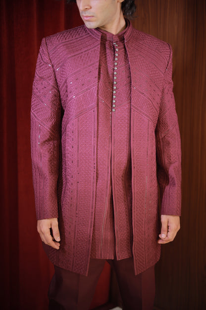 WINE EMBROIDERED BANDHGALA SET