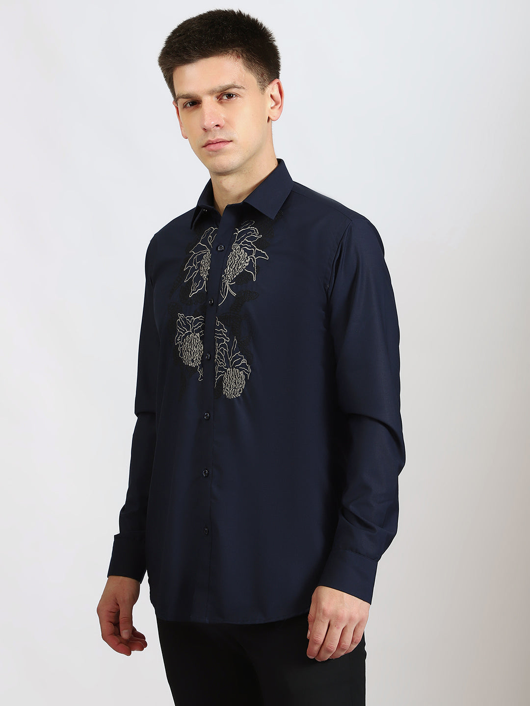 Embroidered Floral Pattern Navy Shirt