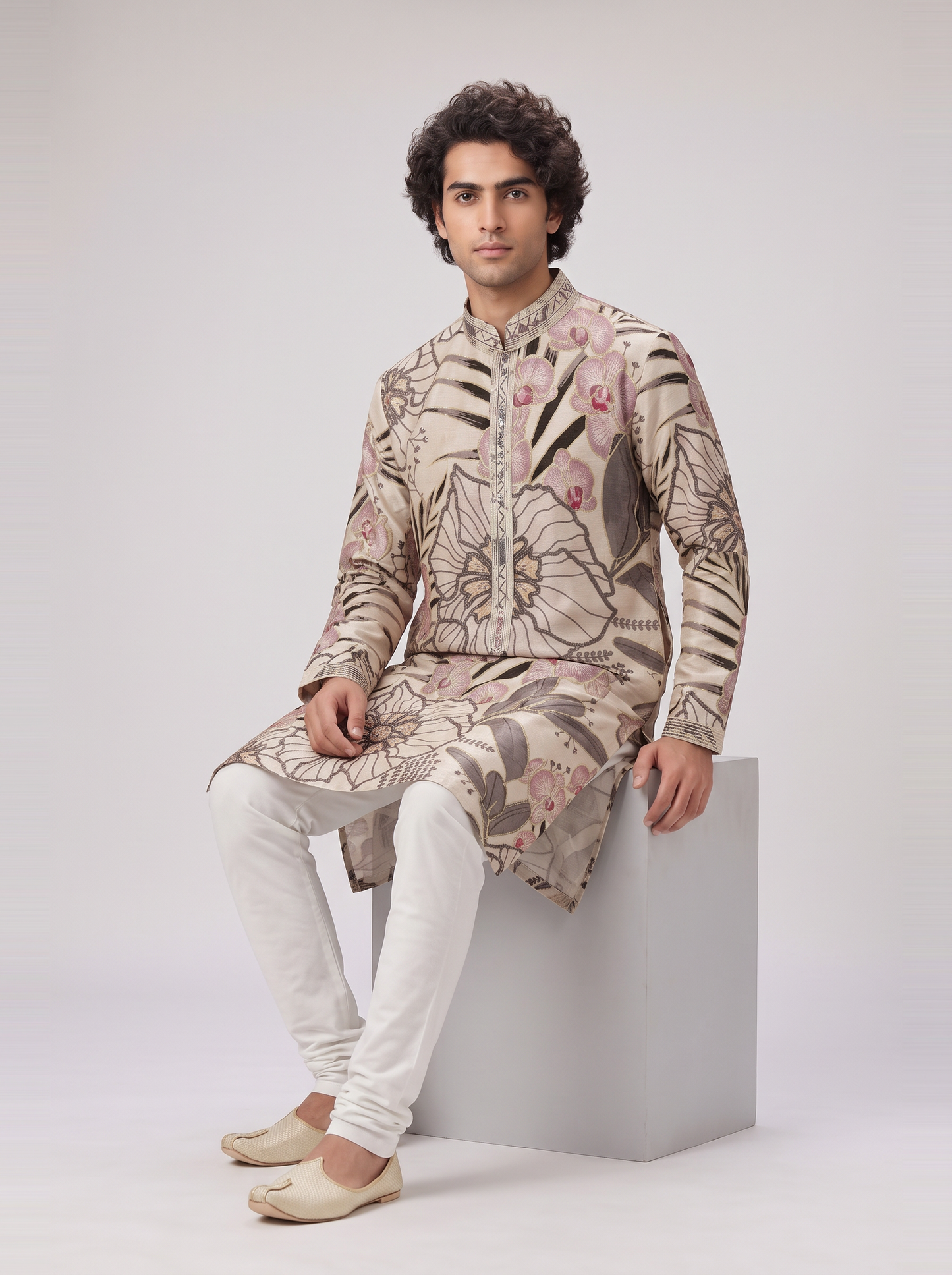SOFT IVORY TROPICAL PRINTED KURTA SET
