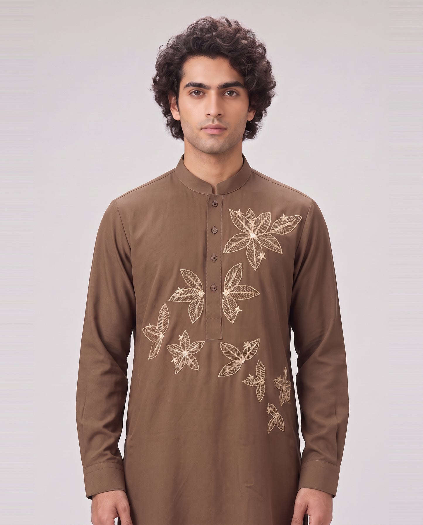 LIGHT BROWN FLORAL EMBELLISHED KURTA SET
