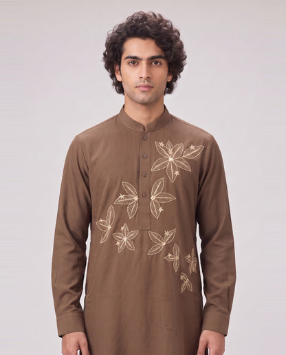 LIGHT BROWN FLORAL EMBELLISHED KURTA SET