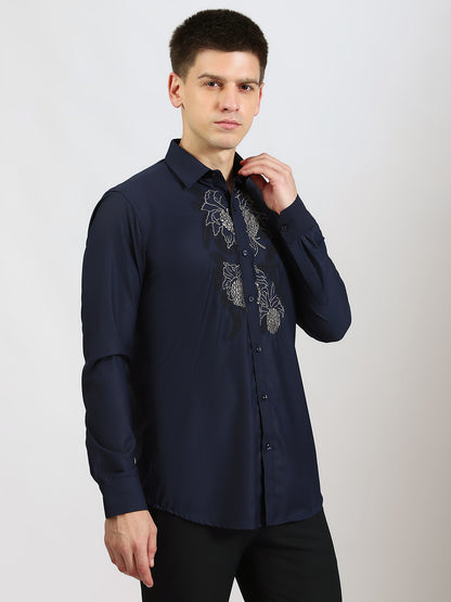 Embroidered Floral Pattern Navy Shirt