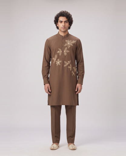 LIGHT BROWN FLORAL EMBELLISHED KURTA SET