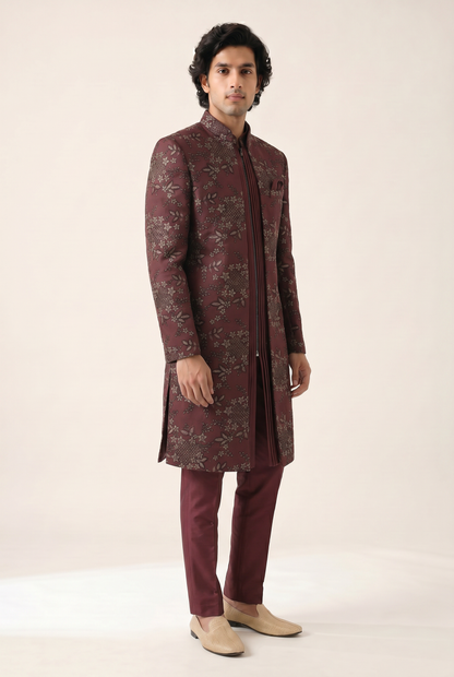 BURGUNDY TWILL EMBROIDERED INDO WESTERN SET