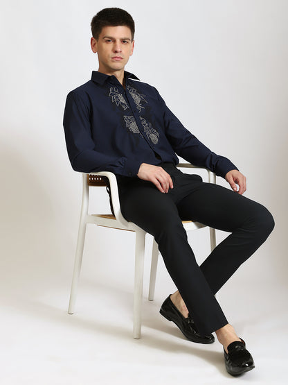 Embroidered Floral Pattern Navy Shirt