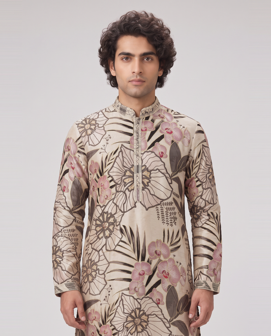 SOFT IVORY TROPICAL PRINTED KURTA SET
