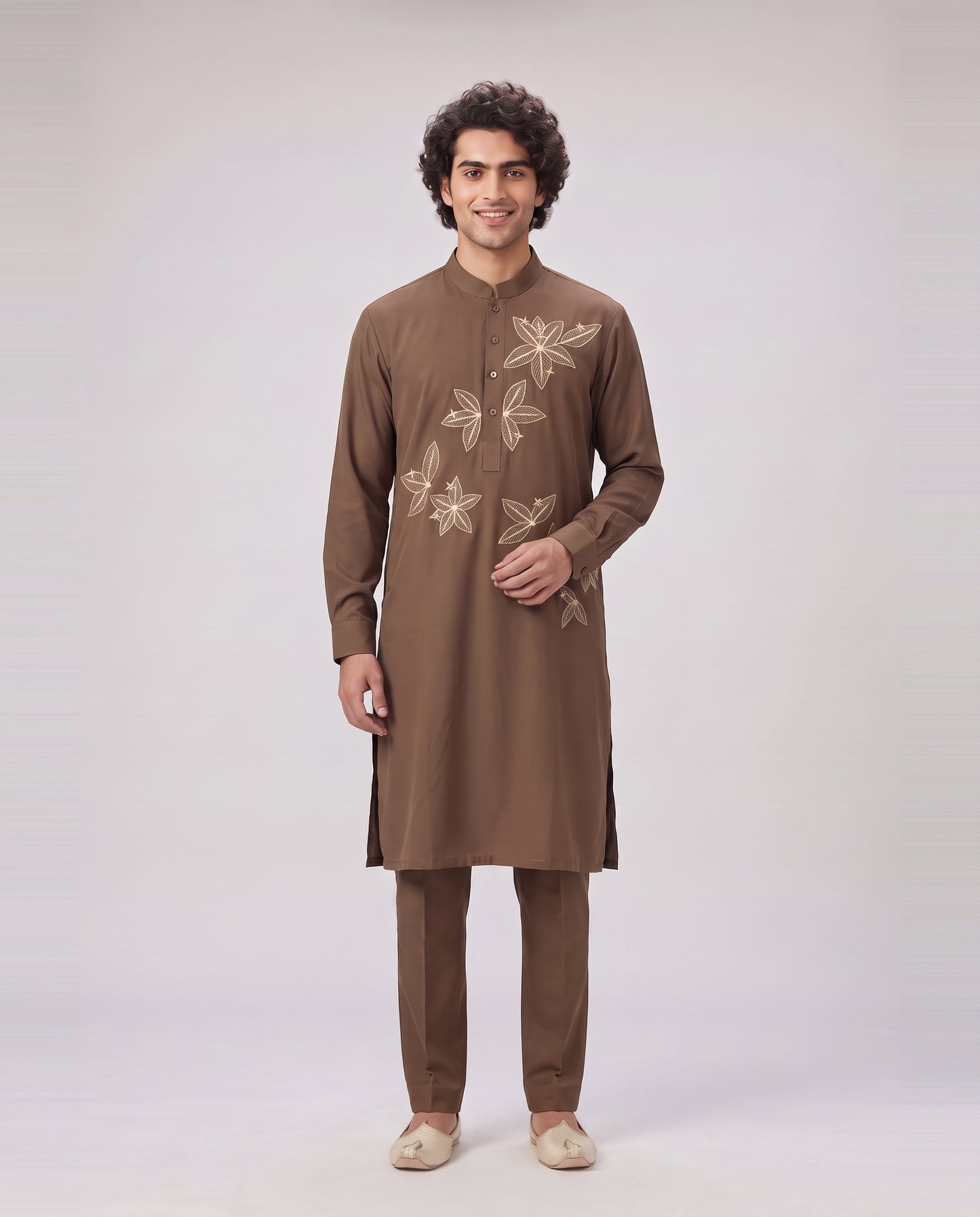 LIGHT BROWN FLORAL EMBELLISHED KURTA SET
