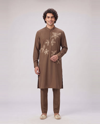LIGHT BROWN FLORAL EMBELLISHED KURTA SET