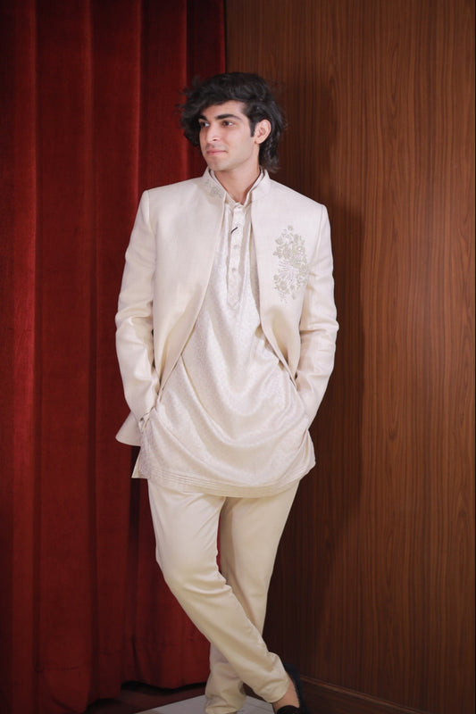 BEIGE HERRINGBONE BANDHGALA SET
