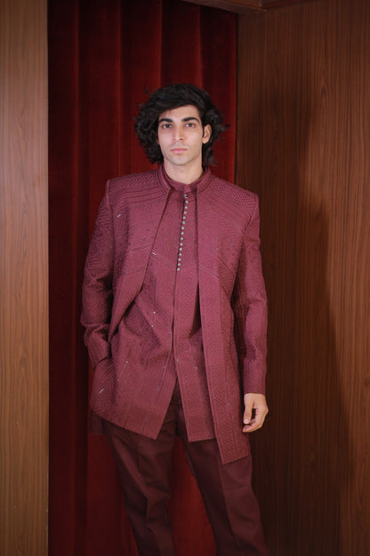 WINE EMBROIDERED BANDHGALA SET