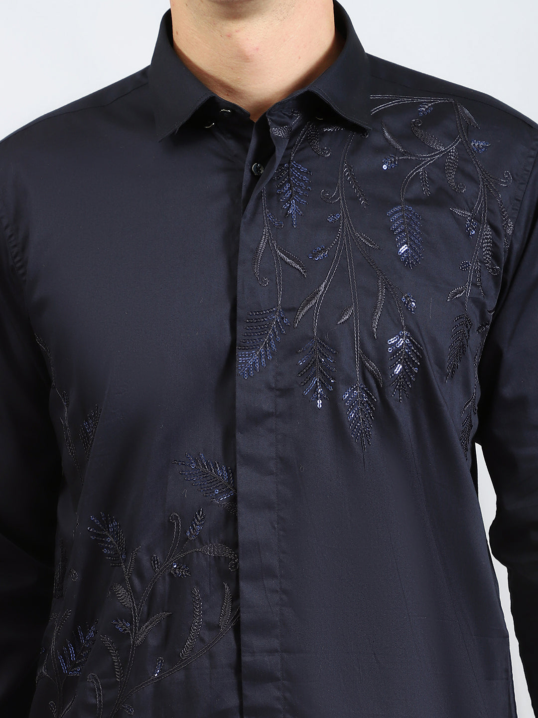 Leaf Embroidered Navy Shirt
