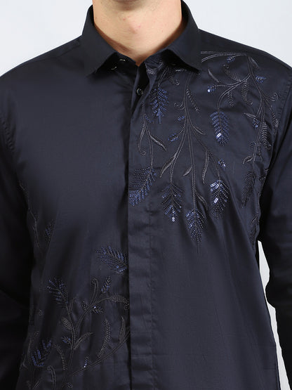 Leaf Embroidered Navy Shirt