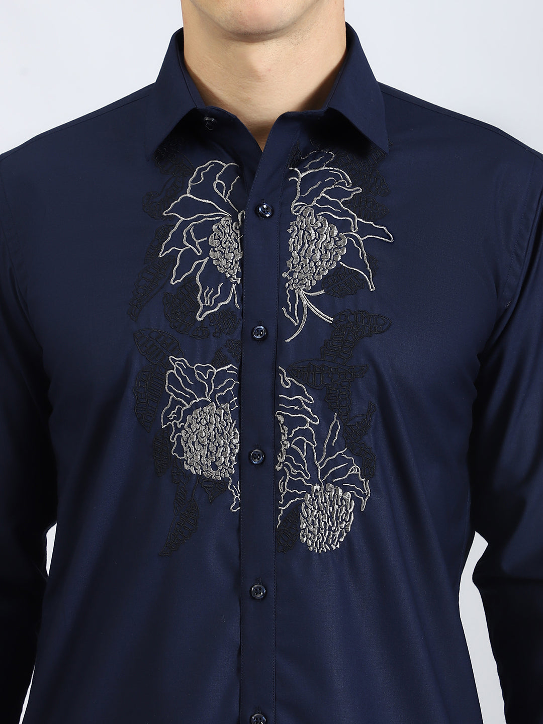 Embroidered Floral Pattern Navy Shirt