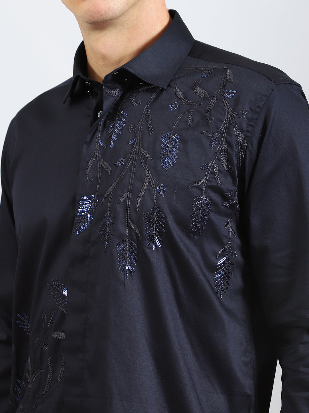 Leaf Embroidered Navy Shirt