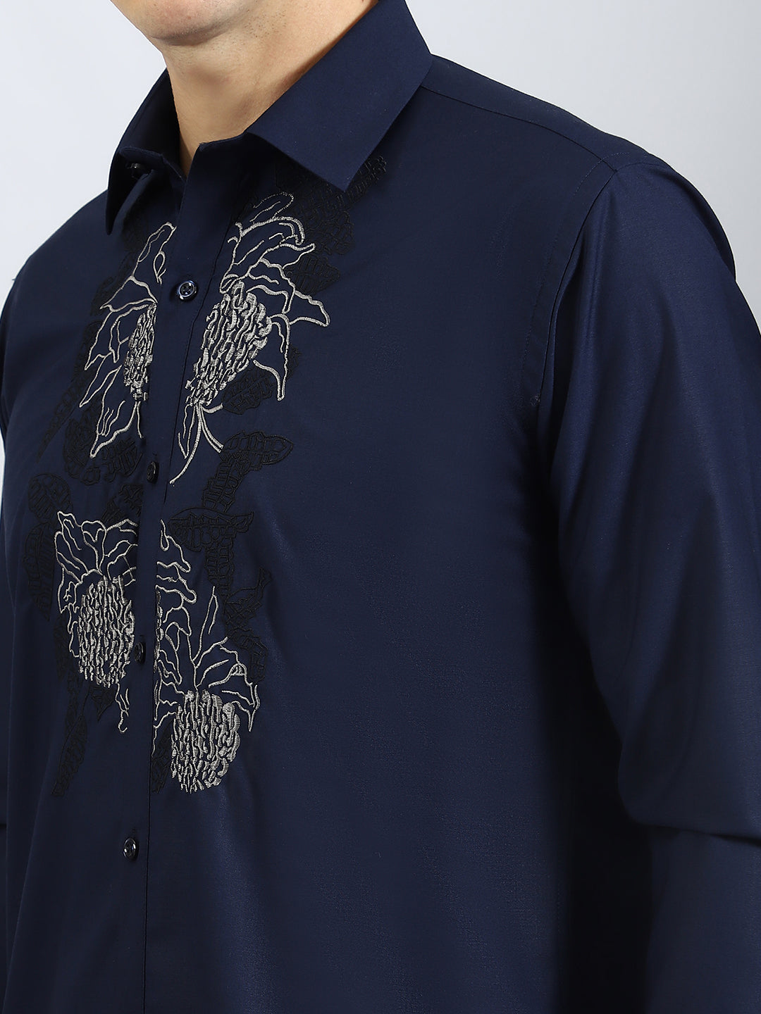 Embroidered Floral Pattern Navy Shirt