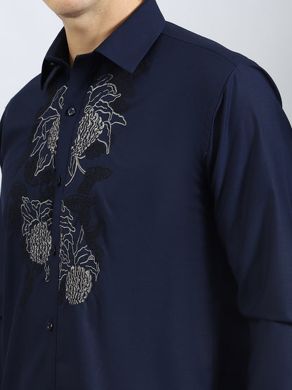Embroidered Floral Pattern Navy Shirt