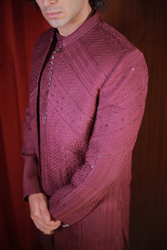 WINE EMBROIDERED BANDHGALA SET