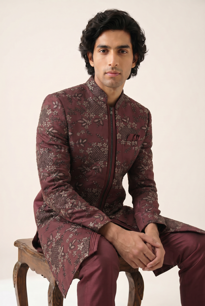 BURGUNDY TWILL EMBROIDERED INDO WESTERN SET