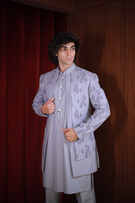 GREY EMBROIDERED BANDHGALA SET