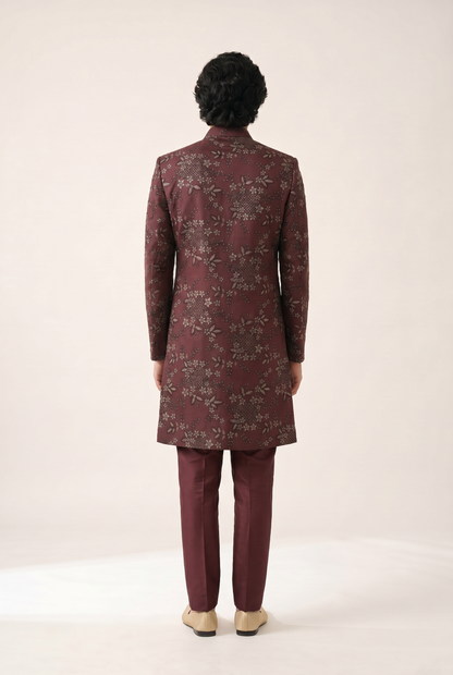 BURGUNDY TWILL EMBROIDERED INDO WESTERN SET