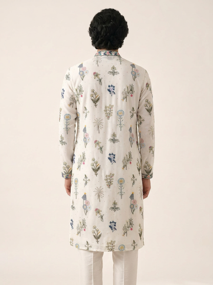 PEARL WHITE TROPICAL EMBROIDERED KURTA SET