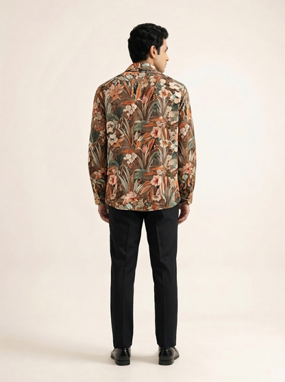 BROWN TEXTURED TROPICAL PRINTED SHIRT