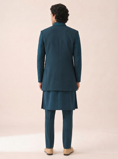TEAL BLUE MONOCHROMATIC EMBELLISHED  INDOWESTERN SET