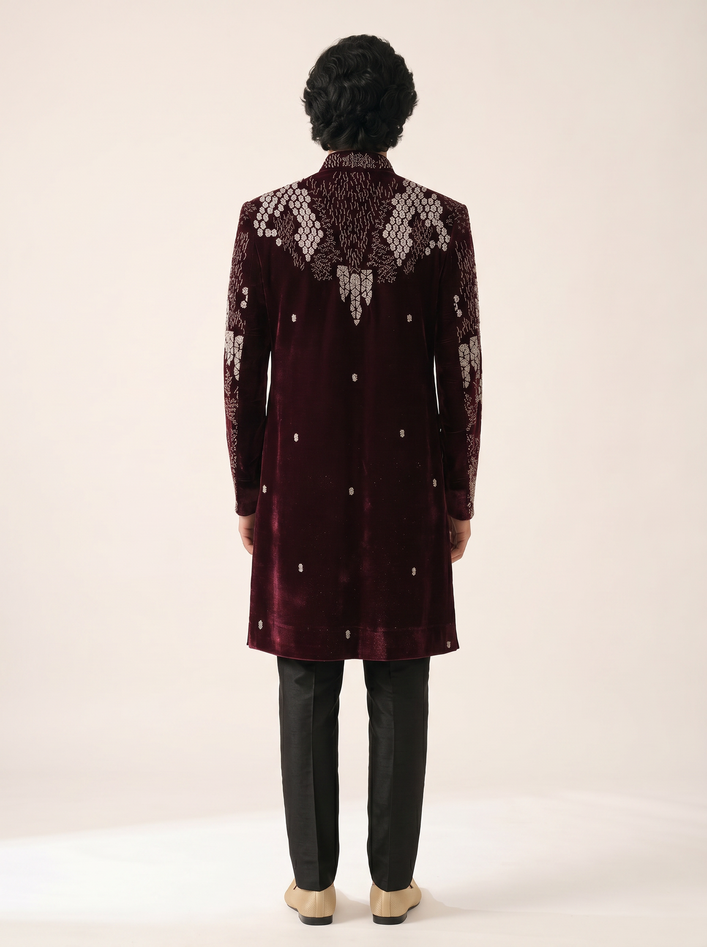 MAROON VELVET SEQUINS & BEADS EMBROIDERED ACHKAN