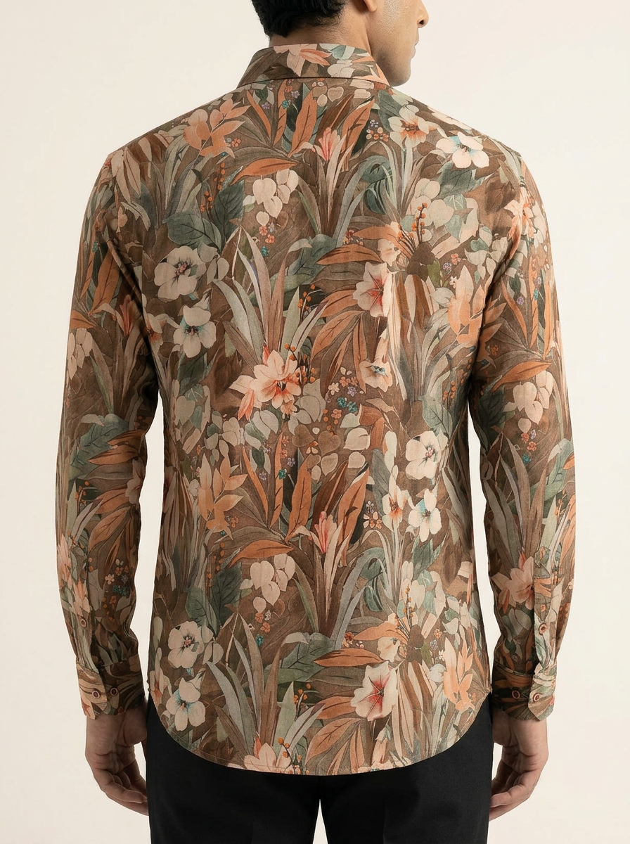BROWN TEXTURED TROPICAL PRINTED SHIRT