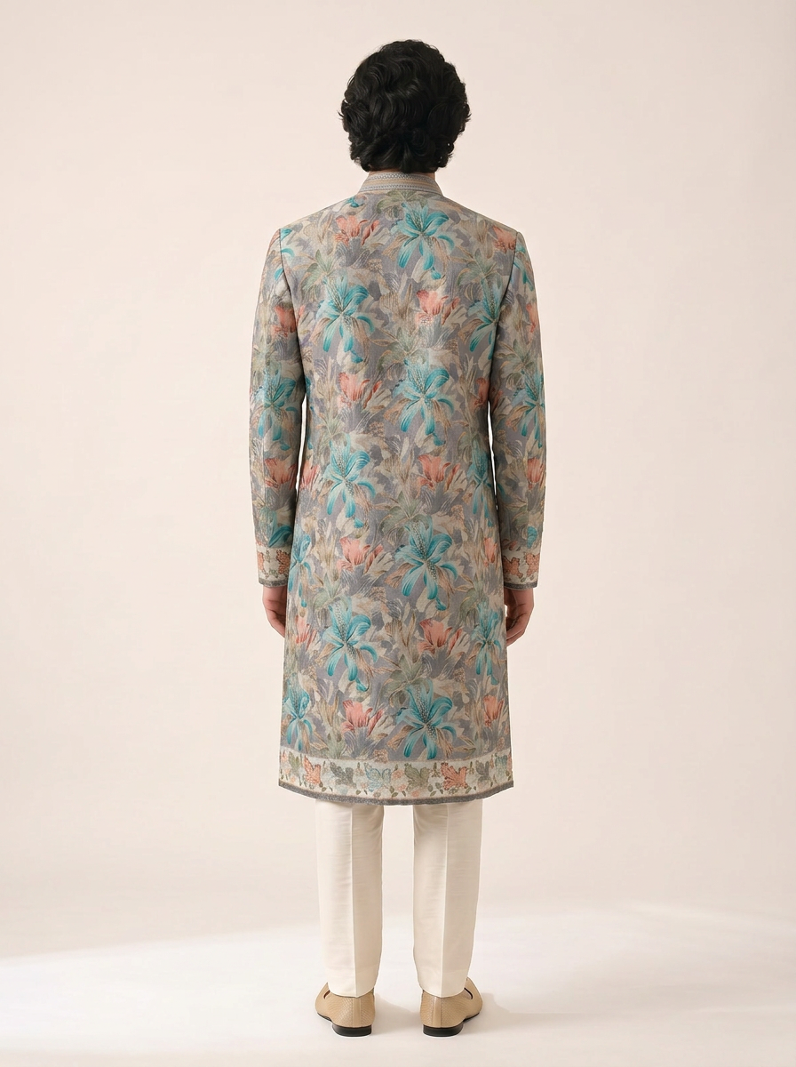ASH BLUE TROPICAL EMBELLISHED KURTA SET