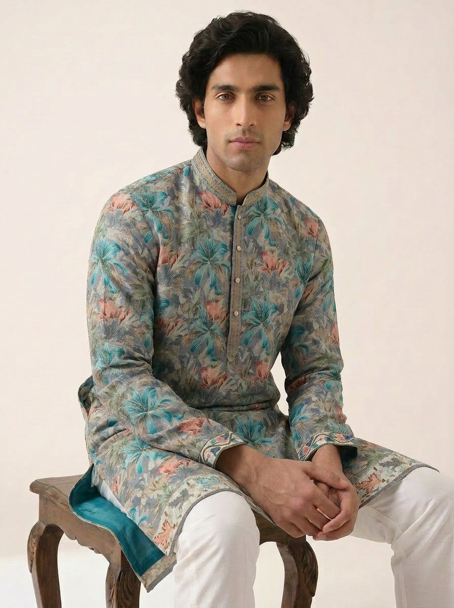 ASH BLUE TROPICAL EMBELLISHED KURTA SET