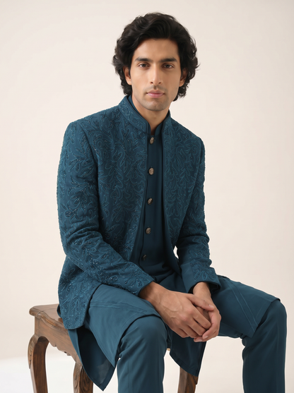 TEAL BLUE MONOCHROMATIC EMBELLISHED  INDOWESTERN SET
