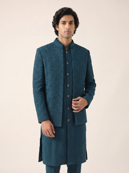 TEAL BLUE MONOCHROMATIC EMBELLISHED  INDOWESTERN SET