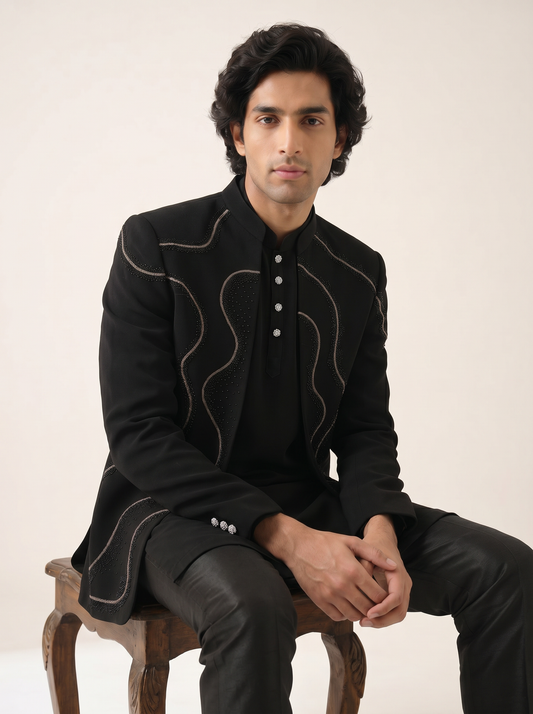 JET BLACK MODERN EMBELLISHED INDO WESTERN SET