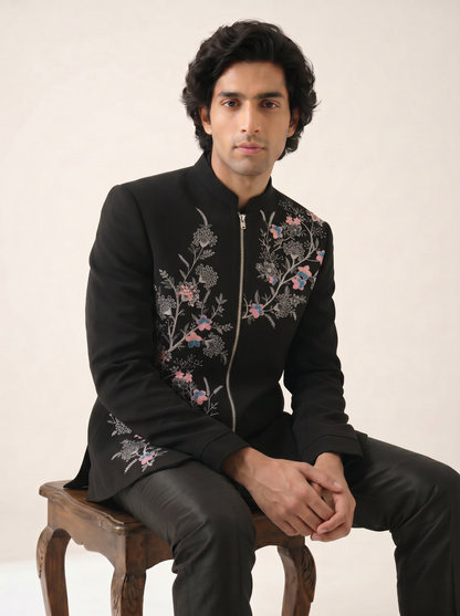 BLACK MULTICOLOR TROPICAL EMBROIDERED BANDHGALA