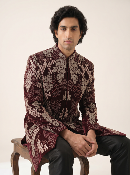 MAROON VELVET SEQUINS & BEADS EMBROIDERED ACHKAN
