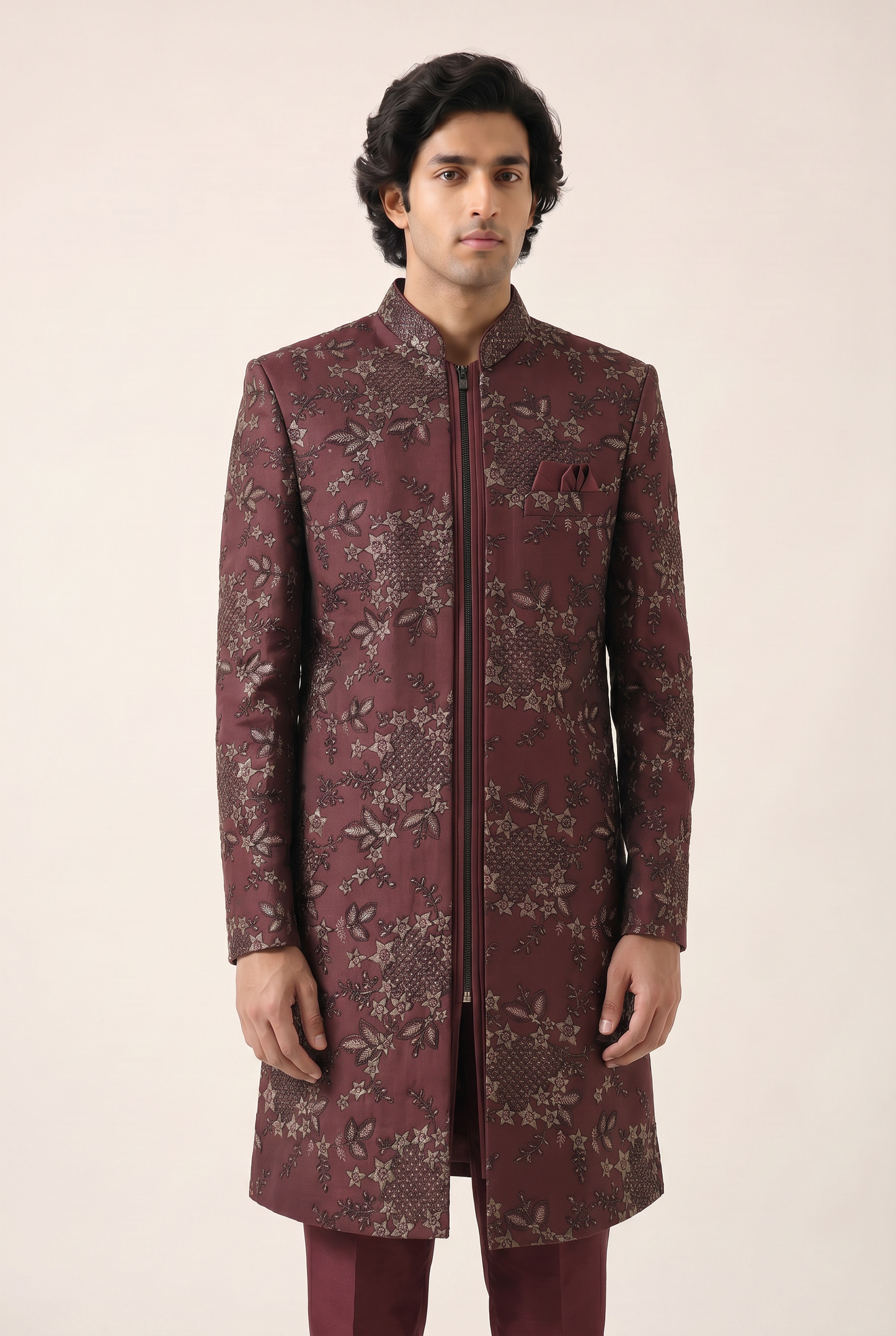 BURGUNDY TWILL EMBROIDERED INDO WESTERN SET