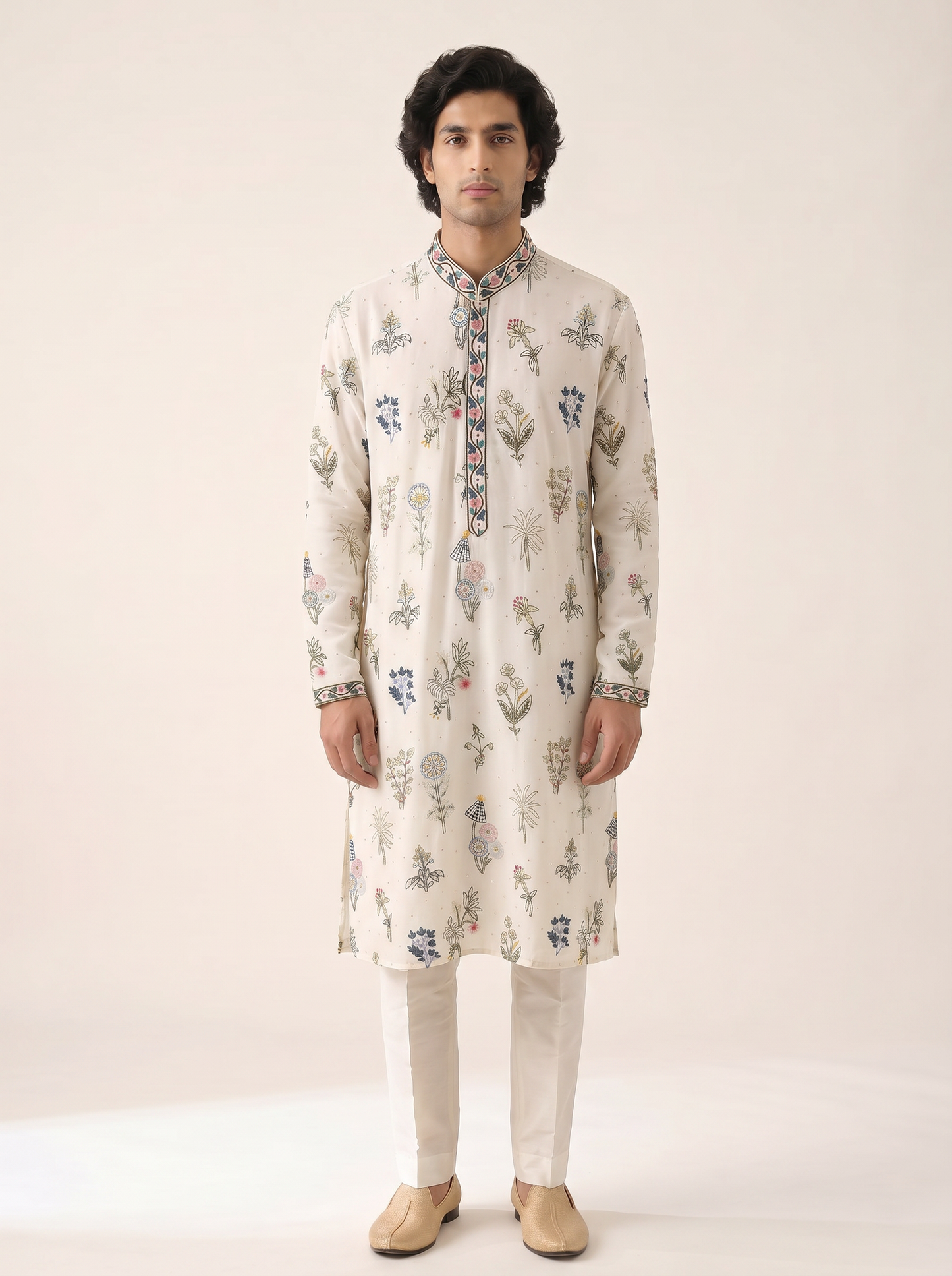 PEARL WHITE TROPICAL EMBROIDERED KURTA SET